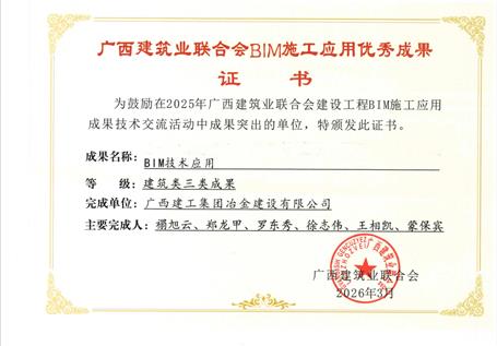 【喜訊】冶建第十分公司榮獲BIM施工應(yīng)用三類成果